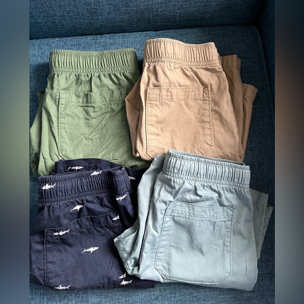 Lot of Old Navy shorts, Light blue, light green, light tan, navy with sharks 8